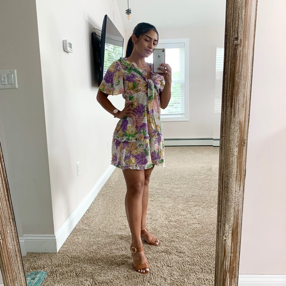 Tie Front Floral Ruffles Mini Dress